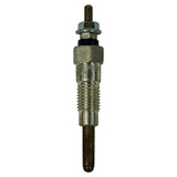 Glow plug standing vertically, terminal end up — hexagonal body with M4 threaded stud, black insulating collar, and zinc-plated sheath. Faint markings on body partially visible.