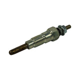 Glow plug at oblique angle, heating element (pencil-tip) end toward bottom-left, showing threaded sheath section and hex flange. Faint stamp '110' readable on body.