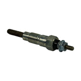 Glow plug at opposing oblique angle, heating element end toward top-left, same stamp '110' visible on lower body. Terminal stud, nut and washer clearly shown.