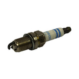 Three-quarter side view of spark plug showing BOSCH ceramic insulator with blue stripe, hex, and threaded shell. 'GERMANY' stamp visible on shell. Firing end shows fine-wire center electrode and single hooked ground electrode.