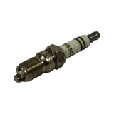 Three-quarter view of plug firing-end up, showing yttrium-tipped centre electrode visible inside the recessed ceramic nose, threaded body and snap-fit terminal post at top.