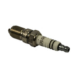 Three-quarter view of plug terminal-end up, showing snap-fit SAE terminal post and upper ceramic profile, with threaded body and J-hook ground electrode at bottom.