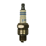Upright front view of the bare spark plug; ceramic insulator marked 'BOSCH R 6' in blue; metal shell stamped 'WR5AC-RUSSIA'; standard nickel centre electrode and hook ground electrode visible at firing end