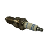 Opposite-angle three-quarter view of plug, showing terminal end with push-on SAE terminal and hollow centre, blue ring on insulator, and firing-end triple ground electrode. Shell stamping partially visible.