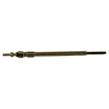Glow plug isolated against white background, horizontal orientation. Full length view showing slim nickel-finished steel cylindrical body, M9 hex nut with thread above it, small M4 terminal post at left end, and narrow dark pencil-tip heating element at right end.