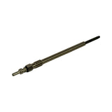Glow plug at 45-degree angle showing three-quarter view of body. Hex nut, threaded shank, and M4 terminal stud visible on left; long slim sheath body tapering to blackened pencil tip on right. No corrosion or damage visible.