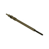 Glow plug at alternate 45-degree angle, close detail of transition from nickel-finished body to the oxidised dark pencil tip heating element, and hex and terminal end visible at top-left.