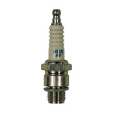 Spark plug standing upright, front view. White alumina ceramic insulator with blue NGK and 'R' text, solid terminal stud at top, hexagonal nut, flanged shell body, and exposed threaded reach below gasket seat. No side electrode visible — surface discharge configuration confirmed.