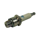 Spark plug angled view showing threaded end. Deep-reach thread section with gasket washer clearly visible. Shell finish is zinc-plated bright silver. Firing end shows recessed centre electrode inside shell bore — surface gap design.