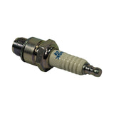 Spark plug angled view from firing-end perspective. Centre electrode tip visible recessed within shell. No conventional side electrode wire — firing occurs at the shell rim surface. Ceramic insulator shows 'NGK' and partial 'R' marking.