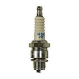 Upright front view of plug; white corrugated ceramic insulator with blue NGK marking clearly visible, removable nut terminal at top, hex nut and short-reach threaded shell with gasket washer at base, standard L-shaped ground electrode visible at electrode tip.