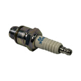 Angled view from electrode end showing plug inverted; threaded shell and gasket washer prominent, centre electrode visible at tip, single standard nickel ground electrode intact and unused.