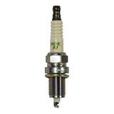 Upright front-on view of spark plug showing full length of white alumina ceramic insulator, green NGK R logo, hexagonal shell, crush washer seat, threaded reach and single hook-type ground electrode at firing tip.