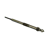 Part alone, diagonal view from tip end; full length of the plug visible — long slender sheath, threaded mounting section, hex nut body, and M4 stud terminal at top. Zinc-chromate gold finish on body.