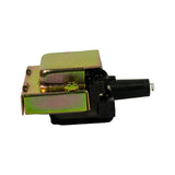 Side profile view showing depth of black plastic coil body, the HT output tower with stainless spring contact, and the underside of the bracket with alignment tabs; connector block visible on left side.