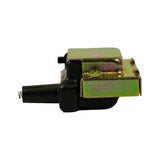 Opposite side profile showing HT tower with spring contact at tip, the side of the mounting bracket with key-slot mounting hole, and part of the two-pin primary connector.