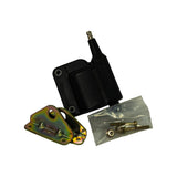 Kit components spread at slight angle — coil body, mounting bracket, and hardware bag, showing overall form and scale of all three items.