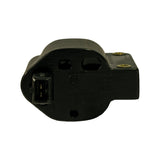 Underside/rear face of coil body showing 'BOSCH' moulded text, 'Made in Australia' moulded text, 2-pin injector-style connector with '+' marking, two open terminal sockets, and small Bosch logo emblem.