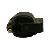 Side profile of coil showing curved dome profile, high-voltage output tower at left, two mounting screw bosses at right side of bracket tab.