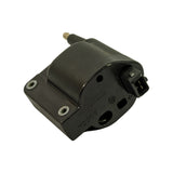 Three-quarter rear view of coil showing 'BOSCH' and 'Made in Australia' moulding on lower body, 2-pin electrical connector, and twin brass terminal posts visible on upper side bracket.