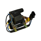 Angled three-quarter view of bare coil assembly showing black plastic coil body with single HT tower, zinc-plated steel mounting bracket, external igniter module secured to bracket, blue and black wiring harness with braided sleeving, and 2-pin black plastic connector. Stampings '10903568', '00100 CC10', 'MOS10' visible on coil body.