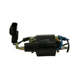 Inverted view showing underside of coil body with markings readable in reverse, HT outlet and coil base; bracket mounting holes visible.