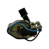 Rear/bottom view showing the resin-potted igniter module body, blue loop wire, and braided wiring harness exit with two cable tie clips on bracket.