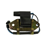 Top-down view of assembly showing full bracket footprint with two mounting holes, coil centred on bracket, wiring harness routed along bracket base, and 2-pin connector at left.