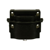 Top-down view of coil showing four mounting holes in rectangular bracket plate and moulded material code 'PBT-GF30' on the coil body. Single small metal terminal visible at bottom centre.