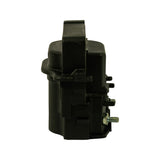 Left side profile of coil, showing layered housing construction and two threaded electrical stud terminals extending from lower-right side.