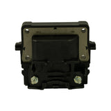 Front face of coil showing metal mounting bracket plate with four fixing holes, black epoxy-potted coil body beneath, and two threaded terminal studs at base.