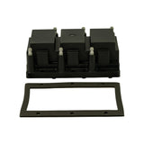 Isometric view of coil pack and gasket from above-front. Three rectangular coil towers visible with six bullet-nose HT terminals (two per coil). Six LT signal pins visible on front face. Rubber mounting gasket with bolt holes shown separately below.