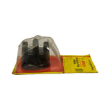 Three-quarter side view showing blister card opened flat. Distributor cap in clear plastic dome sitting on red backing card. Card shows Bosch branding and GH604 part number in reverse from this angle.