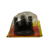 Rear view of blister card with cap still in dome. Bottom edge text reads 'For full application detail refer Bosch Correct Ignition Catalogue' and 'Made in Japan'. Cap body shows four HT lead towers arranged around central post.