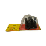 Three-quarter front-left view of opened blister card. Cap in clear dome on red backing. GH604 part number and Bosch branding legible on card. Black plastic cap body with visible HT towers.