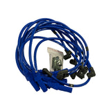 Alternative overhead angle of the lead set and accessory bag — routing layout visible, distributor end grouped together on left, individual spark plug ends spread out on right, cable printing reads 'EAGLE 9.0 mm HI-TEMP SILICONE SPIRAL-CORE CABLE'
