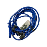 Third angle of the bare lead set — distributor end shows blue sleeved cables grouped, spark plug end boots spread showing varied lead lengths consistent with V8 around-rocker routing, cable printing legible: 'HI-TEMP SILICONE SPIRAL-CORE CABLE 9.0 mm'