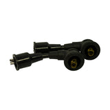 Close-up of distributor-end connectors: one straight bayonet-style terminal and two 90-degree boots with exposed brass/gold-coloured terminals visible inside.