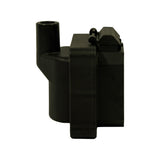 Side profile view showing the offset angle of the HV rubber boot relative to the main body, and the 3-pin connector housing in profile. Depth and stepped lower base section visible.