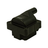 Angled front-top isometric view showing overall proportions: compact rectangular body, offset HV tower, connector bay, and corner mounting hardware. All four mounting bosses clearly visible.