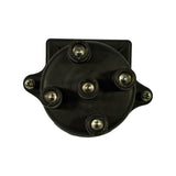Underside (interior) of distributor cap. Five brass-tipped carbon contact posts visible: four outer cylinder contacts for plug leads and one central contact for rotor brush. Mould markings '11L' and 'C' stamped into base plastic. Two philips-head mounting screws in flanged lugs.