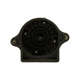 Underside exterior view showing distributor body interface surface. Central rotor chamber with moulded keying features visible. Mould date or batch code '922' visible on base exterior. Two small brass grub screws in mounting lugs visible from below.