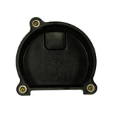 Underside/interior view of distributor cap showing circular inner bowl, a single central carbon button contact block, three outer silver-ringed screw bosses, and a smooth black plastic inner surface. No corrosion or carbon tracking visible.