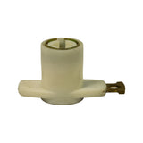Front elevation of rotor arm, cylindrical body centred, brass contact ring visible inside tower bore, brass electrode tab extending to the right.