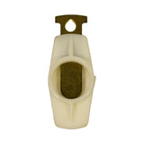 Bottom-up view of rotor arm underside, showing oval brass contact pad that wipes against distributor cap terminals, and plastic body profile.