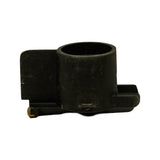 Side profile of rotor body showing full height of cylindrical tower, screw retention boss on front face with threaded insert, and brass contact blade extending below the base platform.