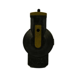 Underside view of rotor showing flat base platform, broad brass contact blade with central hole for rotor arm pin, and two asymmetric anti-rotation tabs for keyed fitment to distributor shaft.