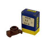 Part and original Excel blue/yellow box together. Box label clearly shows brand 'excel — excellence in auto parts', part number 'XR 68', and description 'ROTOR ARM'. Date code '01.08' printed vertically on label edge. Box shows corner wear and minor shelf soiling consistent with NOS age.