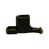 Side profile of rotor showing cylindrical shaft hub, swept arm, and brass contact tip at arm end; base plate locating tab visible on left.
