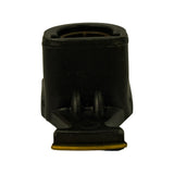End-on view of rotor hub showing D-shaped or keyed bore with internal spring clip; base plate with brass contact tip at bottom of frame.